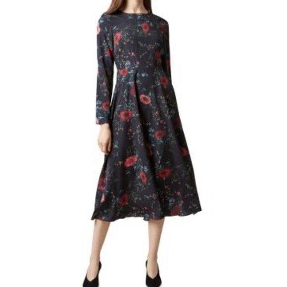 Hobbs Chloe Black Floral Print Long Sleeve Midi Dress Fully Lined Size 6 Excelle - Picture 1 of 8